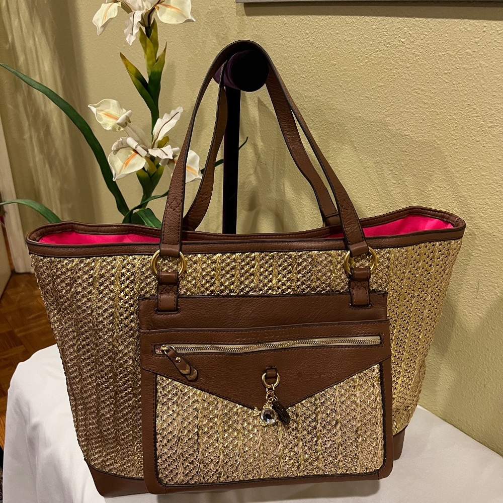 Juicy Couture Palm Springs Gold Metallic Straw Brown Leather Tote Bag  NWT